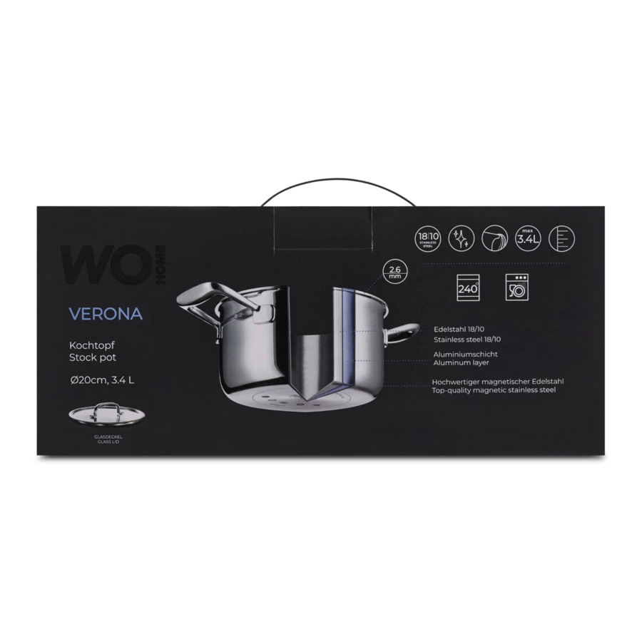 Кастрюля со стеклянной крышкой WO HOME Verona 3,4 л, 20х11 см, сталь нержавеющая 18/10, п/к