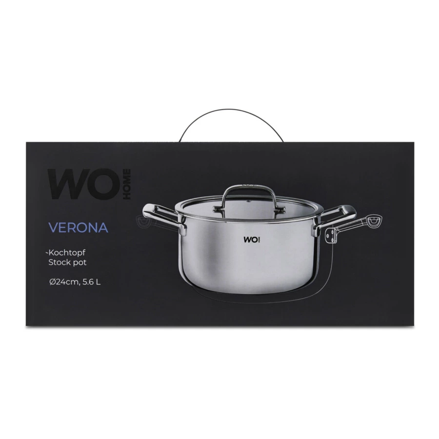 Кастрюля со стеклянной крышкой WO HOME Verona 5,6 л, 24х12,5 см, сталь нержавеющая 18/10, п/к