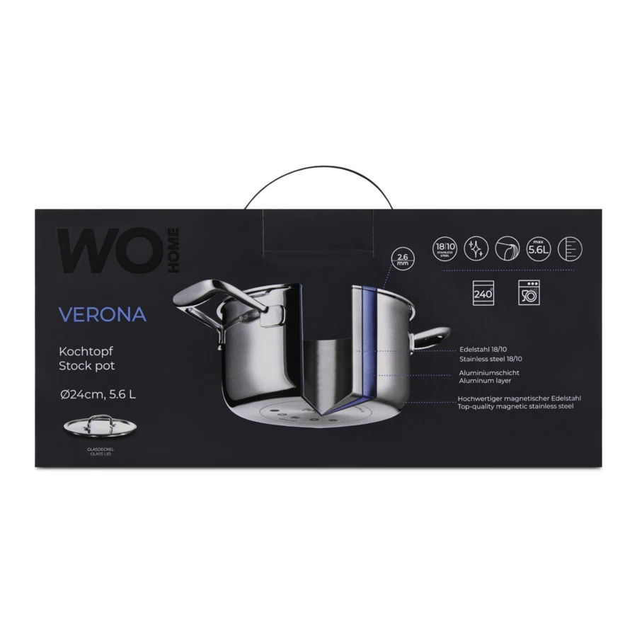 Кастрюля со стеклянной крышкой WO HOME Verona 5,6 л, 24х12,5 см, сталь нержавеющая 18/10, п/к