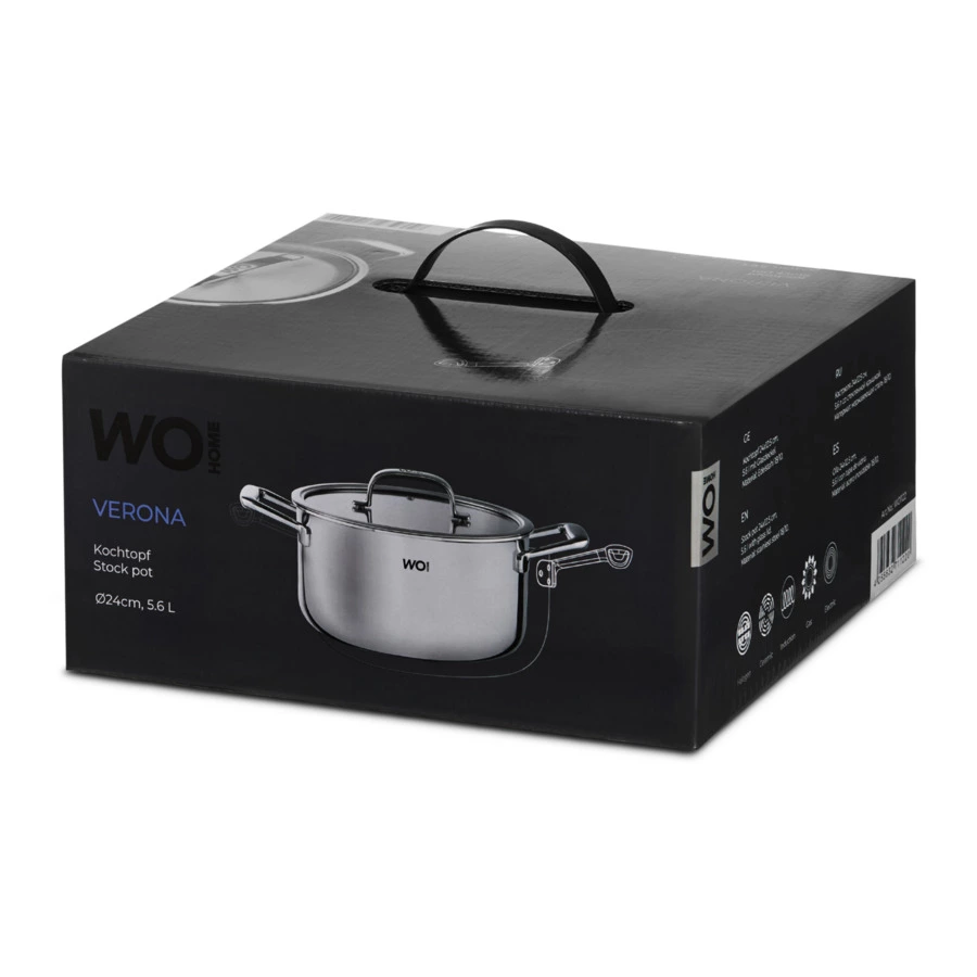 Кастрюля со стеклянной крышкой WO HOME Verona 5,6 л, 24х12,5 см, сталь нержавеющая 18/10, п/к