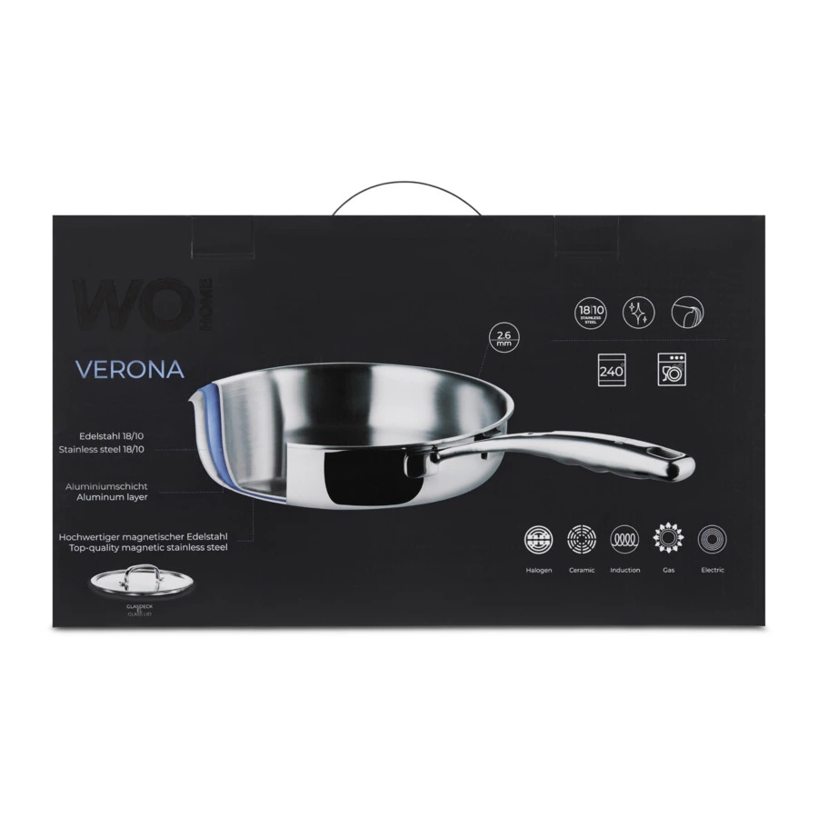 Сковорода со стеклянной крышкой WO HOME Verona 24х5,5 см, сталь нержавеющая, п/к