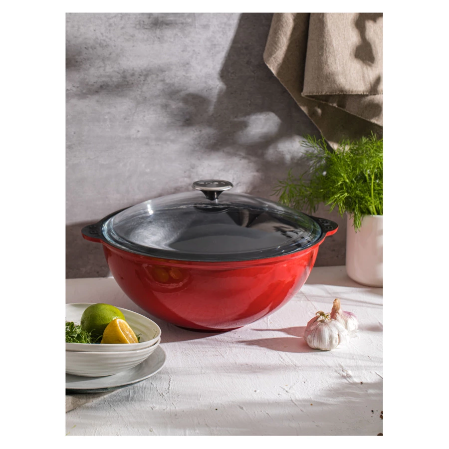 Казан с крышкой LAVA d30 см, 6 л, чугун, стекло, красный