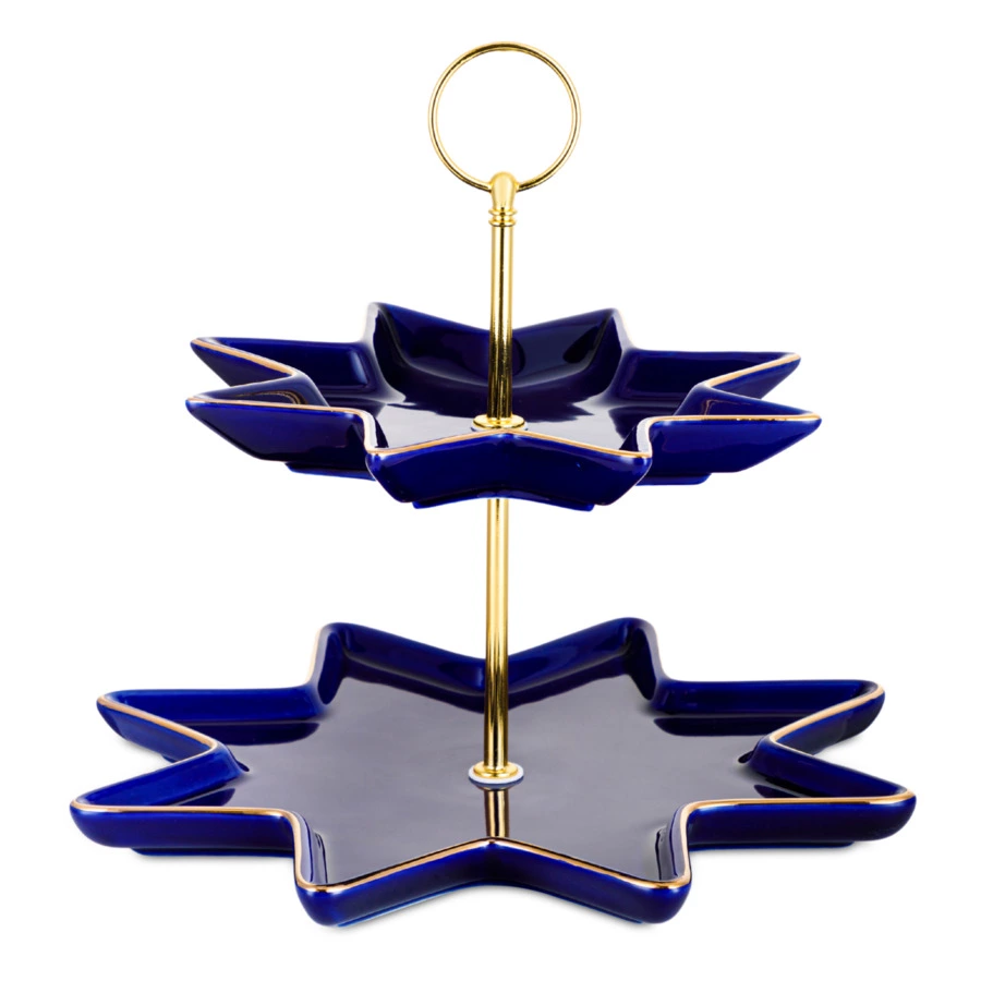 Блюдо двухъярусное ИФЗ Золотая лента Индиго Звезда 20,5 см, фарфор твердый, синее, п/к