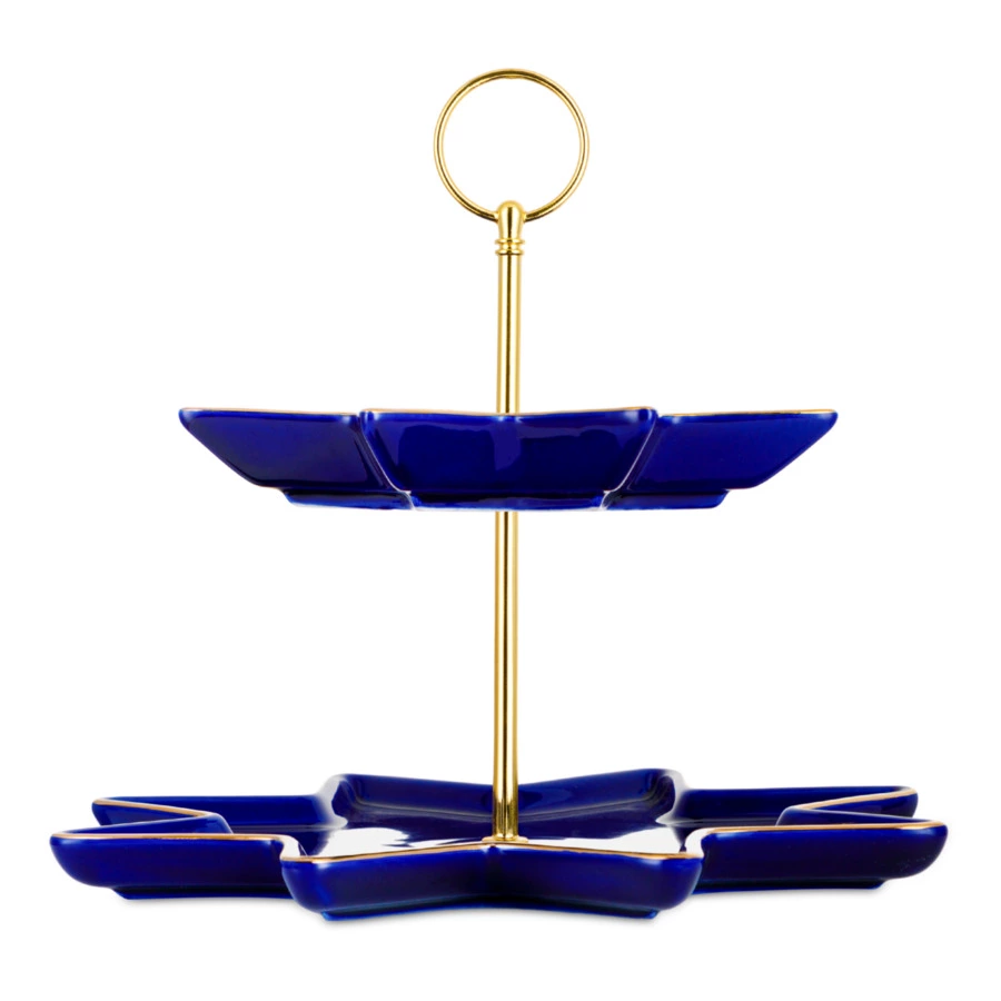 Блюдо двухъярусное ИФЗ Золотая лента Индиго Звезда 20,5 см, фарфор твердый, синее, п/к