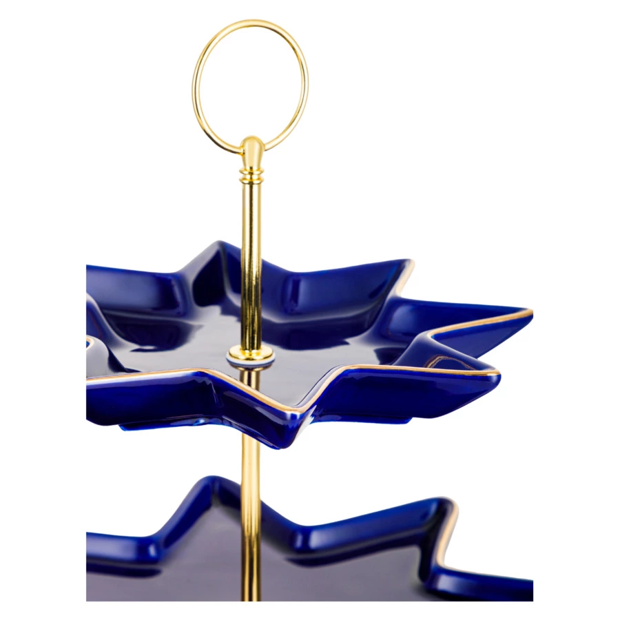 Блюдо двухъярусное ИФЗ Золотая лента Индиго Звезда 20,5 см, фарфор твердый, синее, п/к