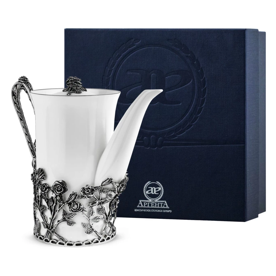Кофейник в футляре АргентА Серебро&Фарфор Розалия 281,53 г, серебро 925, чернение
