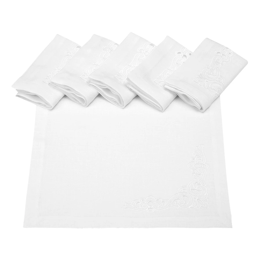 Набор салфеток подстановочных с вышивкой Венизное кружево Ришелье 40х40 см, 6 шт, лен, белый,  п/к