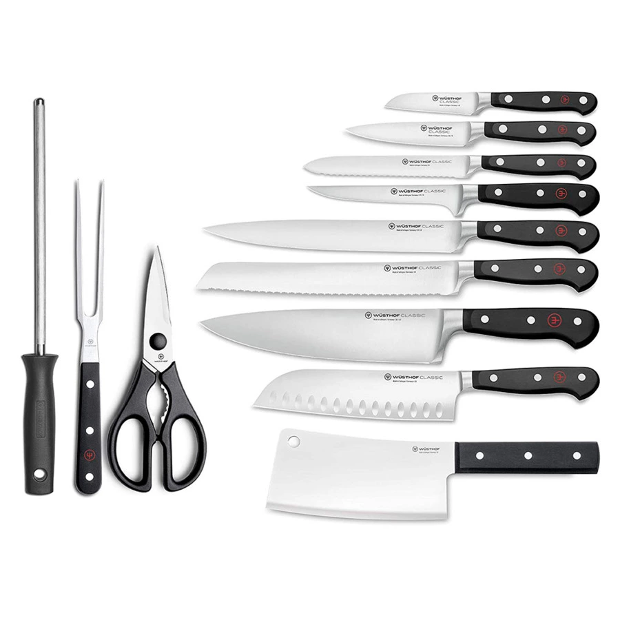 Набор кухонных ножей с ножницами, вилкой и мусатом Wuesthof Classic 12 предметов, темная подставка