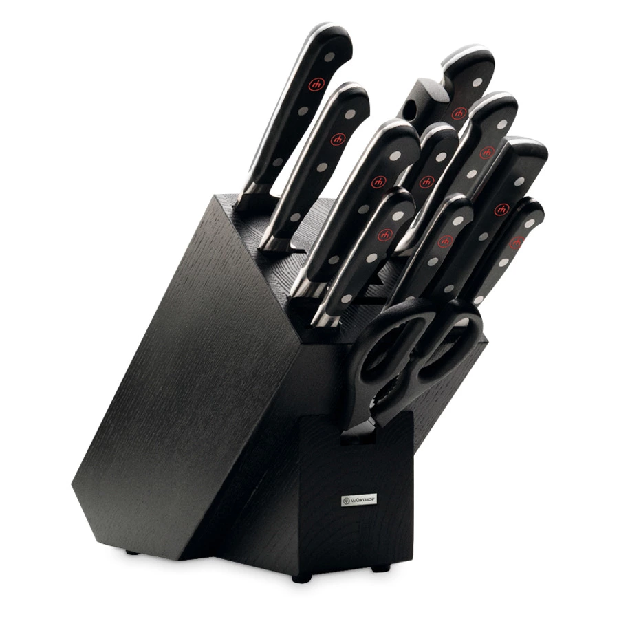 Набор кухонных ножей с ножницами, вилкой и мусатом Wuesthof Classic 12 предметов, черная подставка