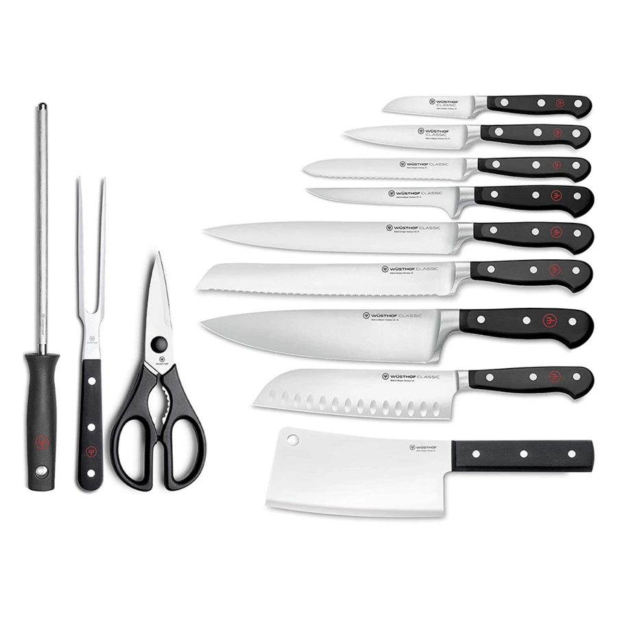 Набор кухонных ножей с ножницами, вилкой и мусатом Wuesthof Classic 12 предметов, черная подставка