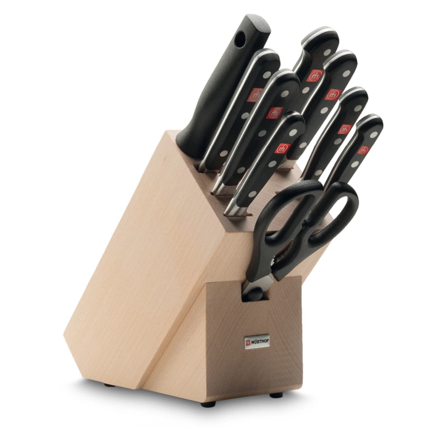 Набор кухонных ножей с ножницами, вилкой и мусатом Wuesthof Classic 9 предметов, светлая подставка