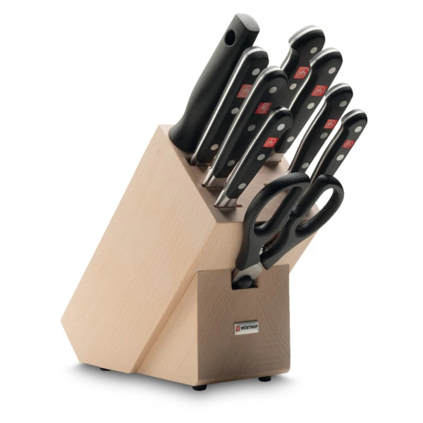 Набор кухонных ножей с ножницами, вилкой и мусатом Wuesthof Classic 9 предметов, светлая подставка