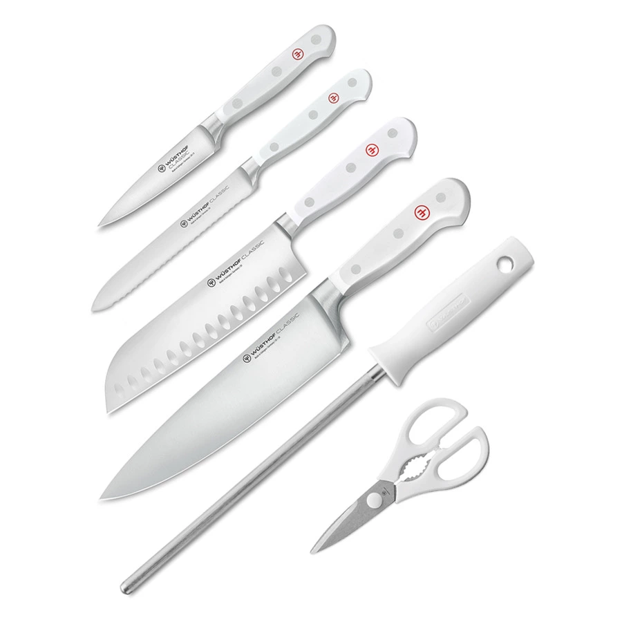Набор кухонных ножей с ножницами и мусатом Wuesthof White Classic 6 предметов, сталь нержавеющая, по