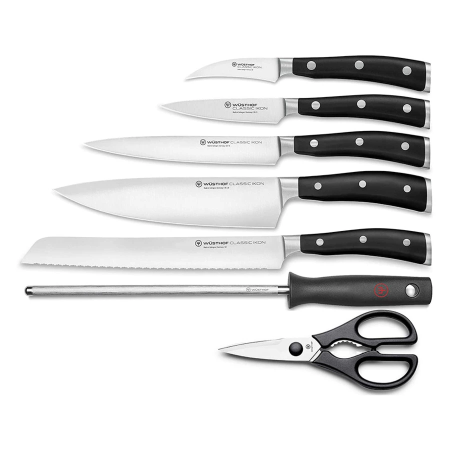 Набор ножей с ножницами и мусатом Wuesthof Classic Ikon 7 предметов, светлая подставка