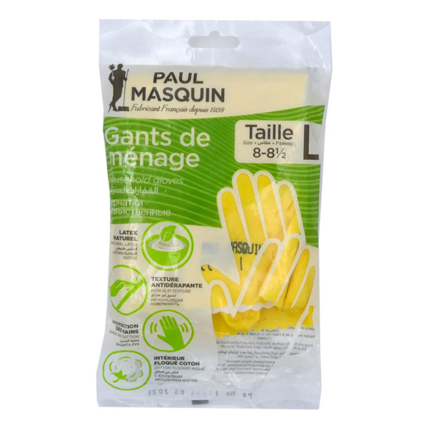 Перчатки хозяйственные Paul Masquin размер L, латекс с хлопковым напылением, желтые