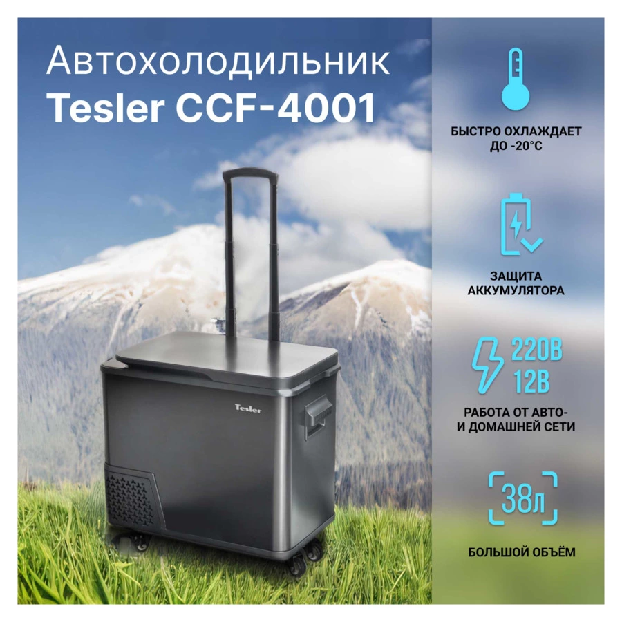 Автохолодильник компрессорный TESLER CCF-4001 на 38л, до -20С, 33,7х60х48,6 см, пластик, темно-серый