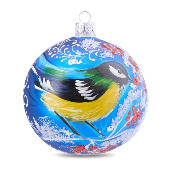 Игрушка елочная шар Bartosh Зимняя синичка 10 см, стекло, п/к