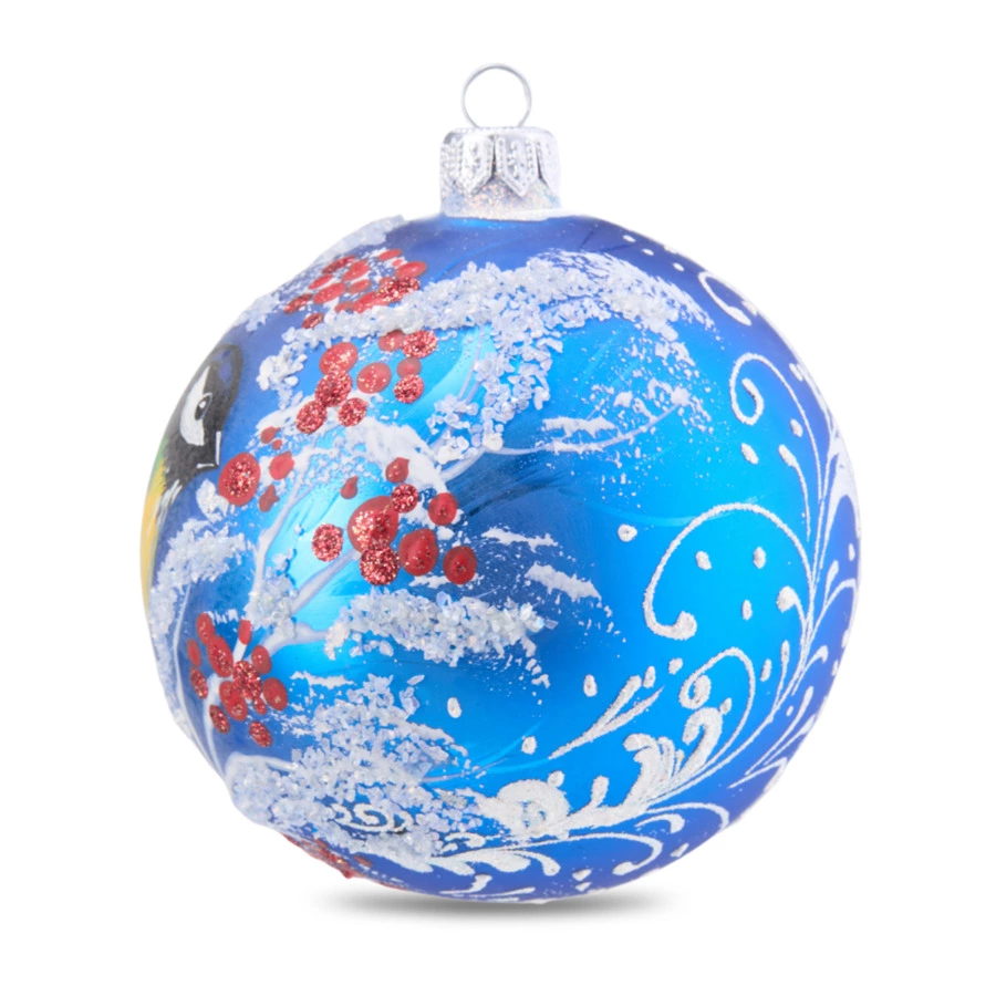 Игрушка елочная шар Bartosh Зимняя синичка 10 см, стекло, п/к