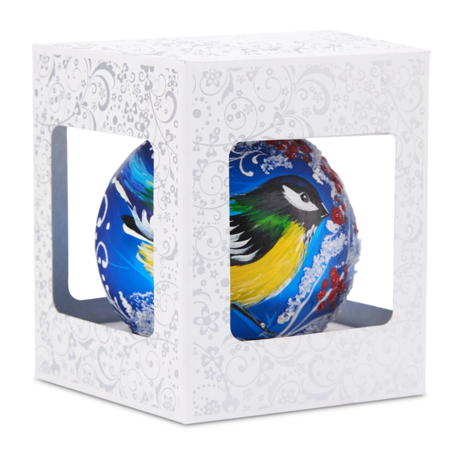 Игрушка елочная шар Bartosh Зимняя синичка 10 см, стекло, п/к