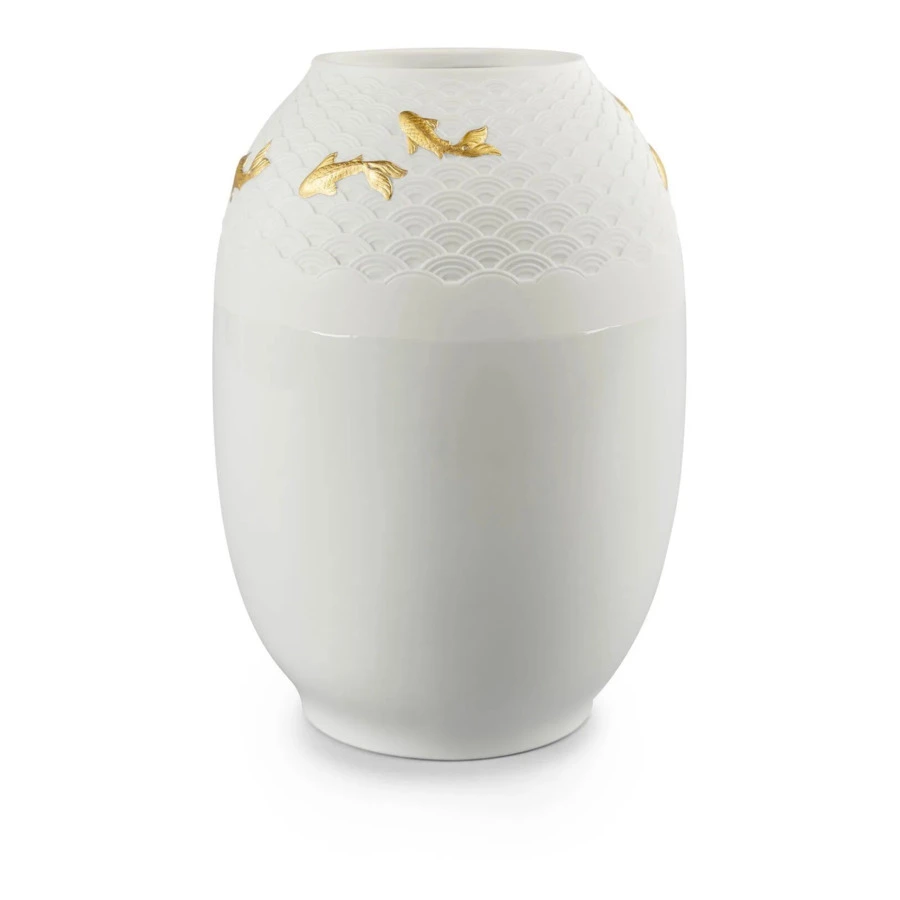 Ваза Lladro Кои 18х25 см, фарфор, золотой люстр, белая