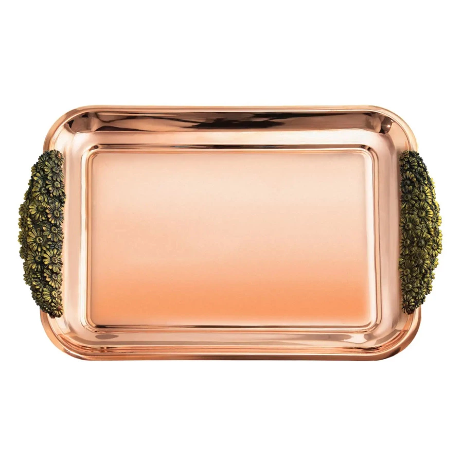 Поднос прямоугольный Кольчугинский мельхиор Ромашки 40х30х3,5 см, медь, серебро 999 пр, с чернением