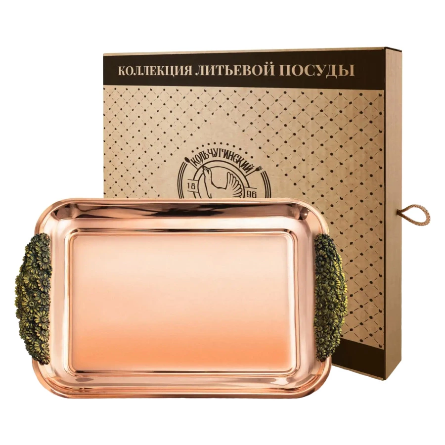Поднос прямоугольный Кольчугинский мельхиор Ромашки 40х30х3,5 см, медь, серебро 999 пр, с чернением