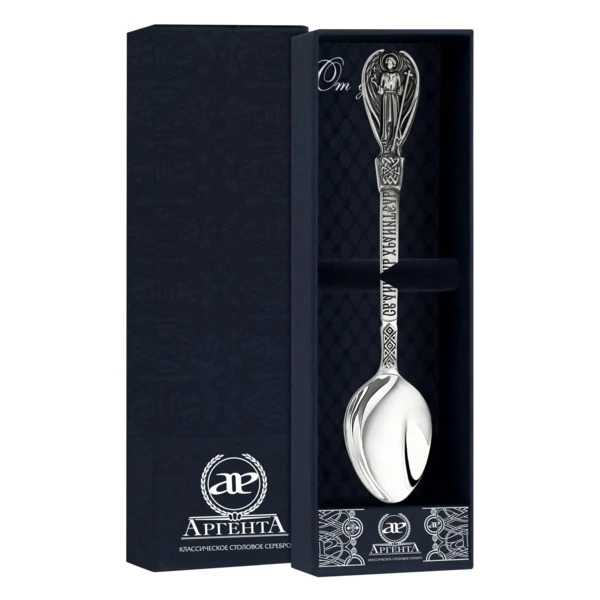 Ложка сувенирная в футляре АргентА От Души Святой Ангел 14 см, 24,82 г, серебро 925, с чернением