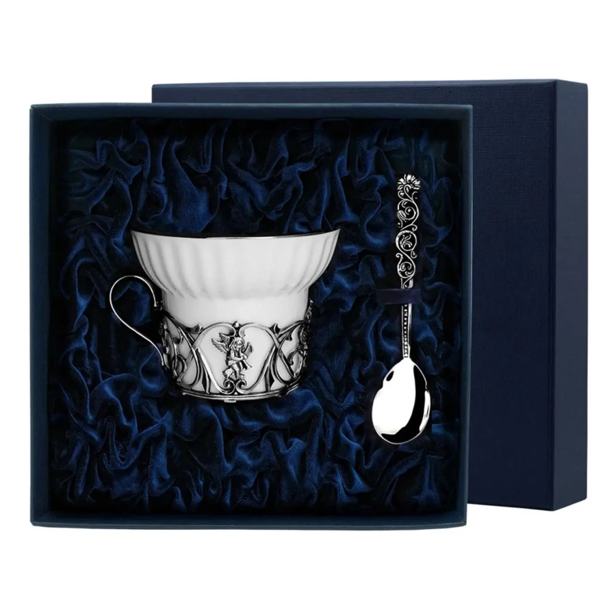 Чашка чайная с ложкой в футляре АргентА Ангел 155 мл 64,02 г, серебро 925