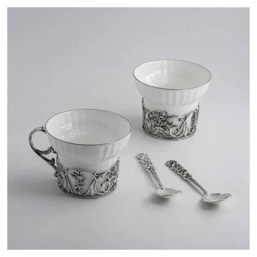 Набор чашек чайных с ложками в футляре АргентА Ангел 155 мл 132,14 г, 4 предмета, серебро 925