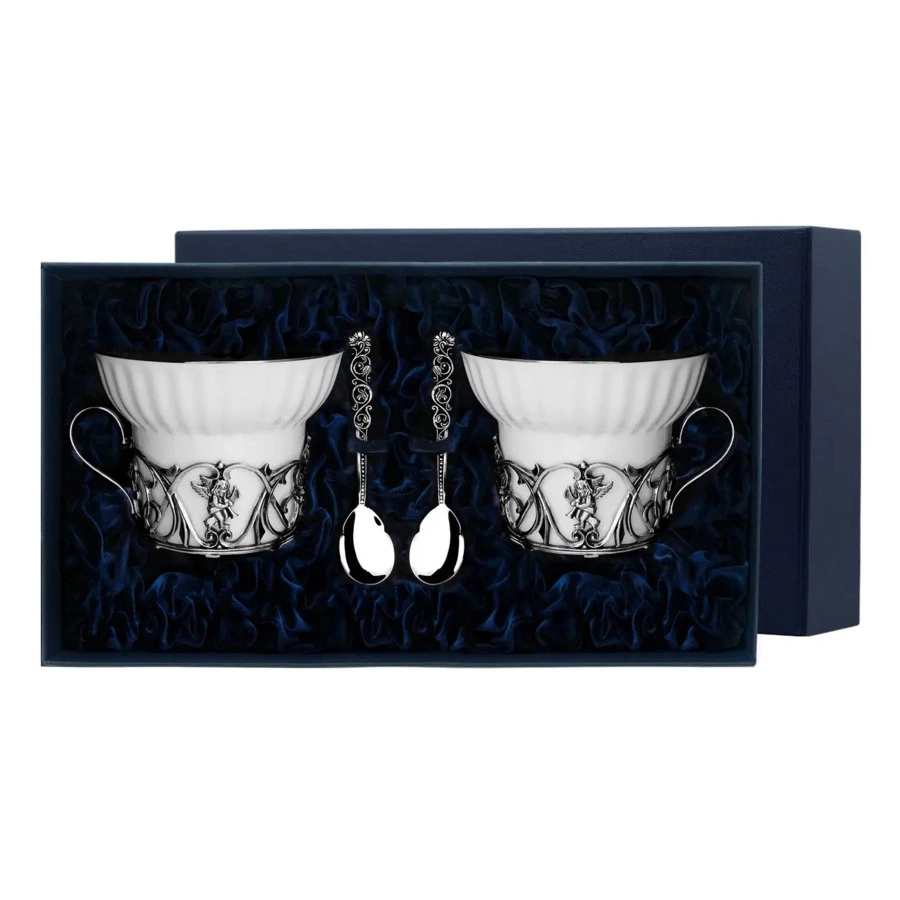 Набор чашек чайных с ложками в футляре АргентА Ангел 155 мл 132,14 г, 4 предмета, серебро 925
