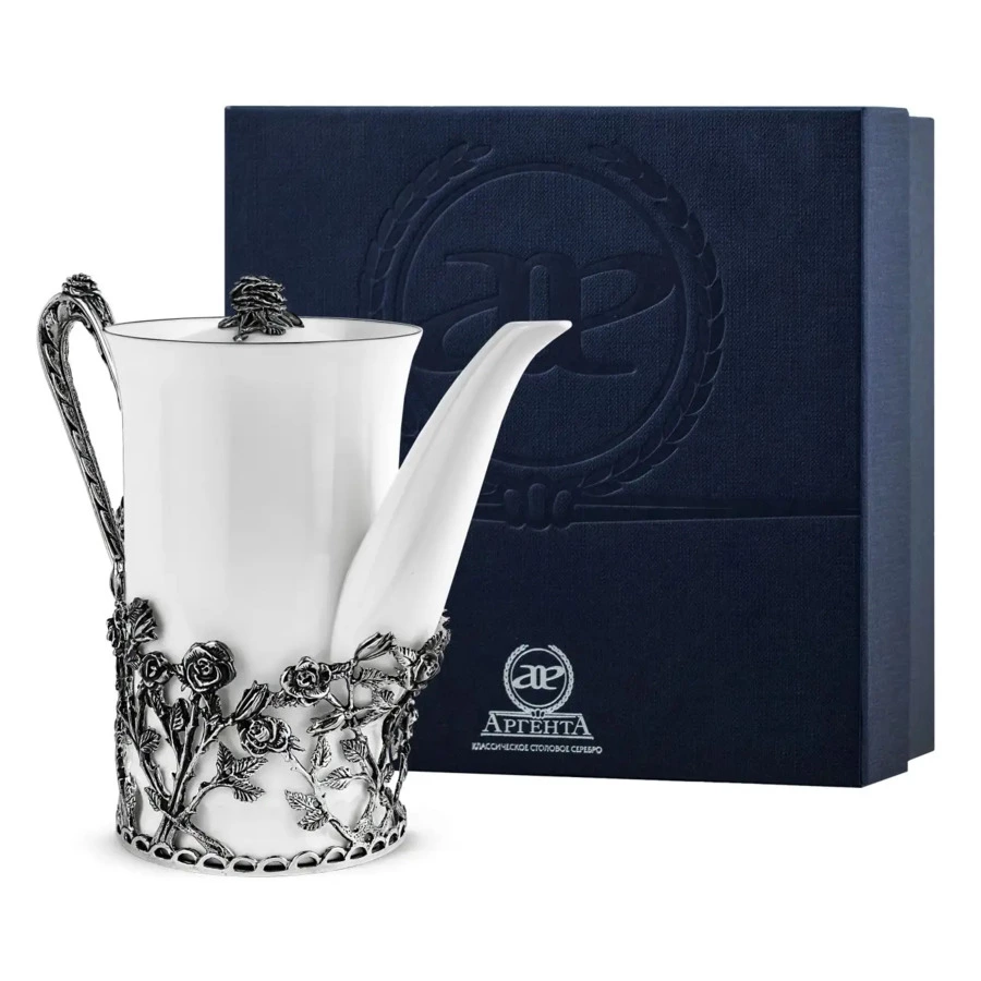 Кофейник в футляре АргентА Серебро&Фарфор Розалия 245,96 г, серебро 925, чернение