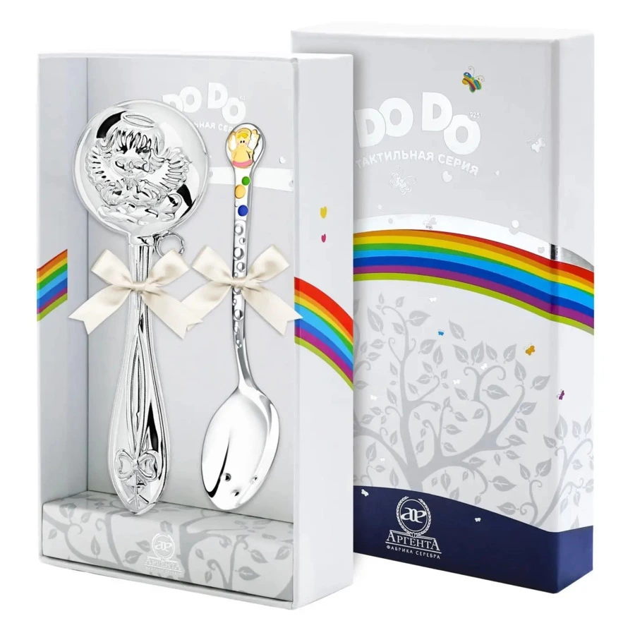 Набор для малышей в футляре АргентА DO DO Ангелочек ложка и погремушка 49,81 г, серебро 925