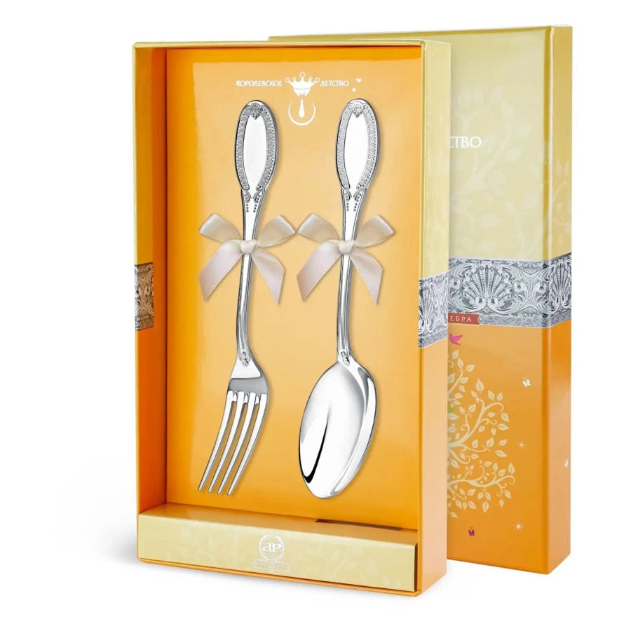 Набор десертный в футляре АргентА Королевское Детство Император, ложка и вилка 90,05 г, серебро 925