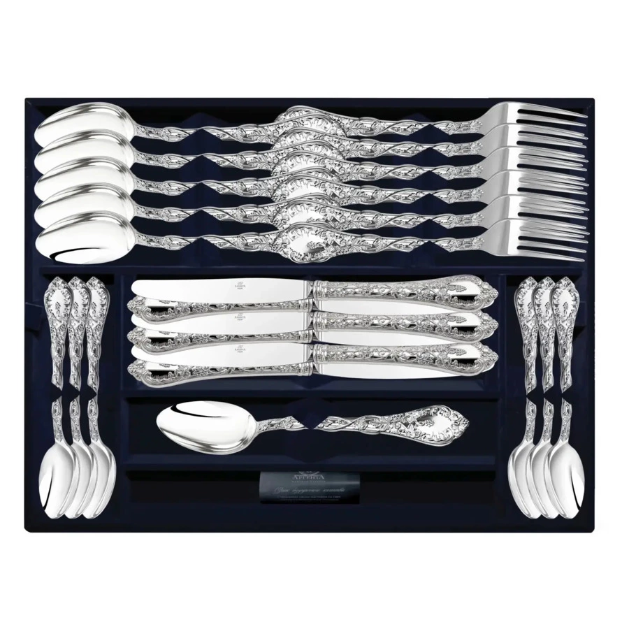 Набор столовых приборов в футляре АргентА Виноградная лоза 2053,54 г, 24 предмета, серебро 925