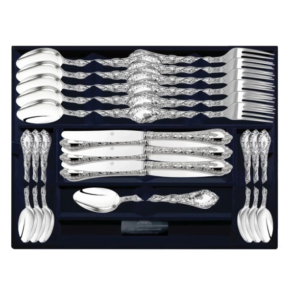 Набор столовых приборов в футляре АргентА Виноградная лоза 2053,54 г, 24 предмета, серебро 925