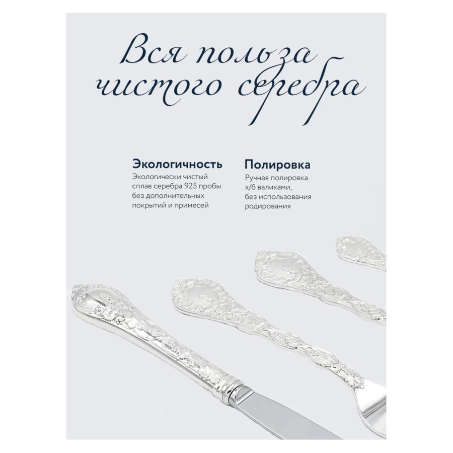 Набор столовых приборов в футляре АргентА Виноградная лоза 2053,54 г, 24 предмета, серебро 925