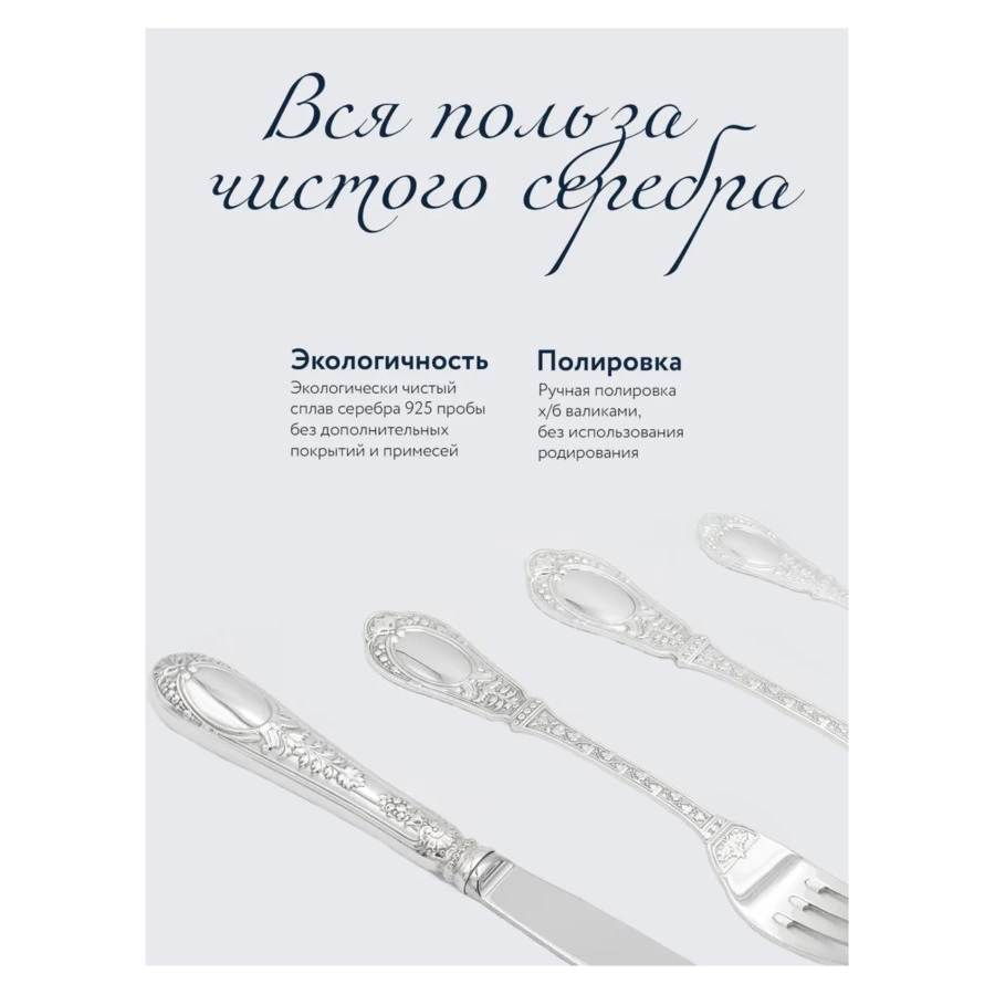 Набор столовых приборов в футляре АргентА Фамильный 2073,83 г, на 6 персон 24 предмета, серебро 925