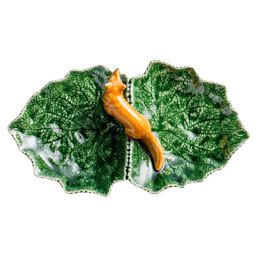Блюдо двухсекционное Bordallo Pinheiro Листья 34 см, с лисой, керамика