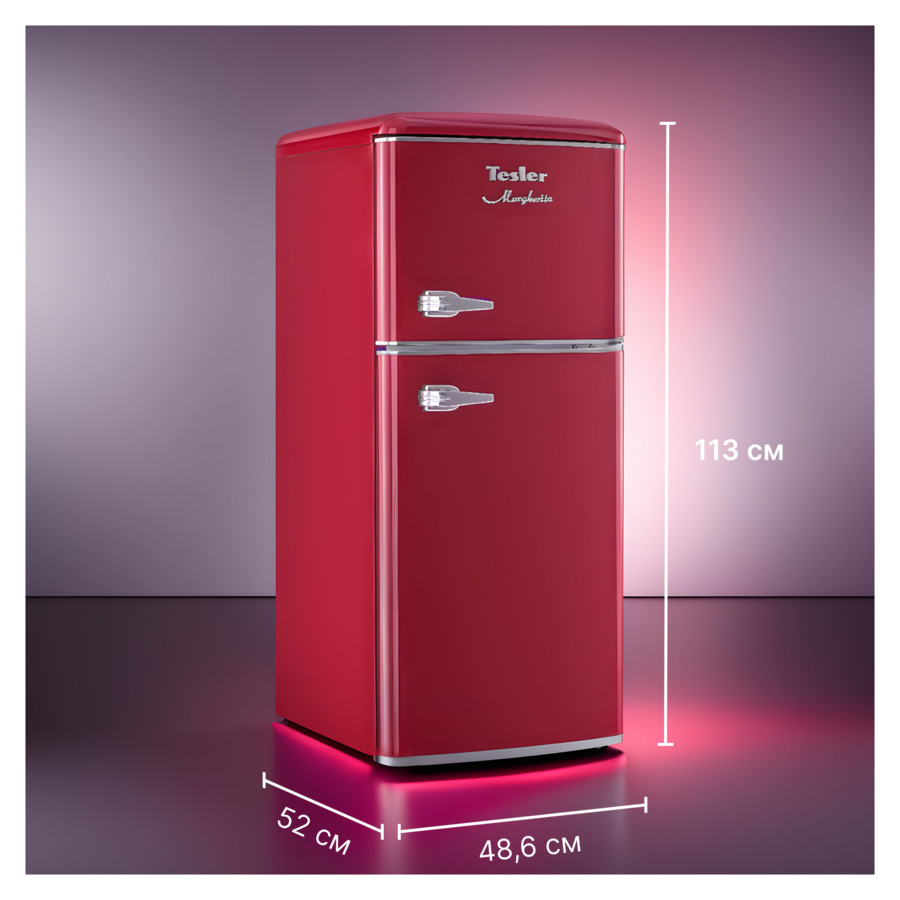 Холодильник двухкамерный TESLER RT-132 RED, 127 л, 95 Вт, 48.6х52х113 см, класс А+, металл, ручки пл