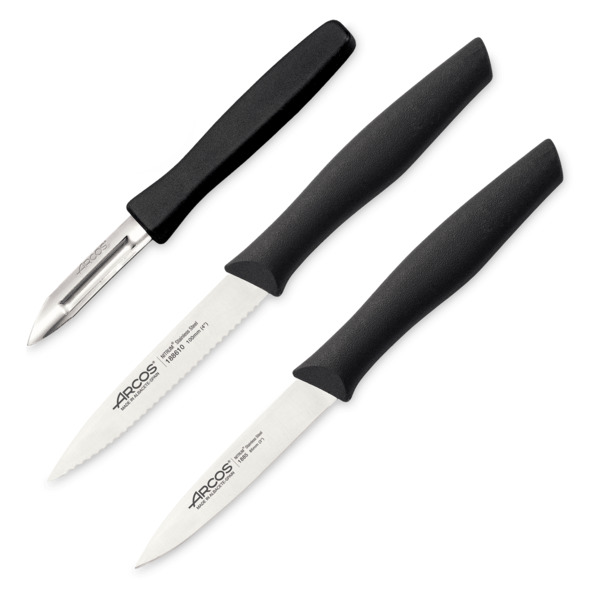 Набор ножей для чистки и нарезки овощей 6 см и 10 см Arcos Nova, 3 шт, черная рукоять, блистер
