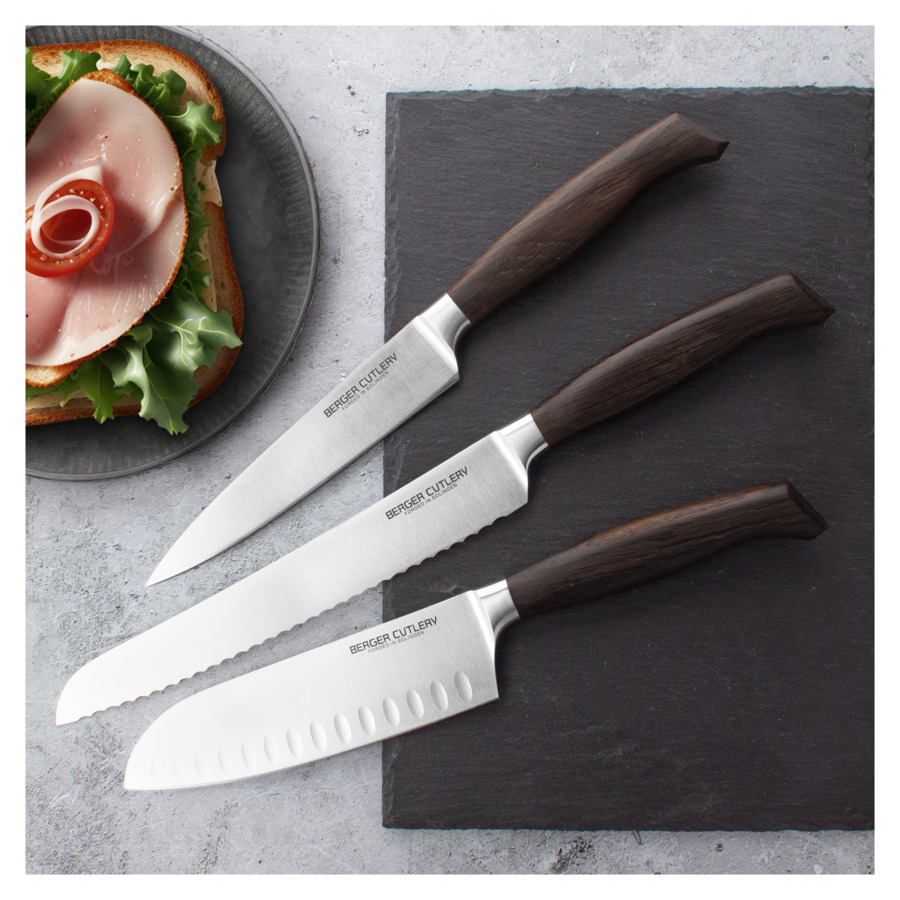 Нож поварской Шеф Berger Cutlery Ergo Line Smoked Oak 16 см, кованая сталь, рукоять из копченого дуб