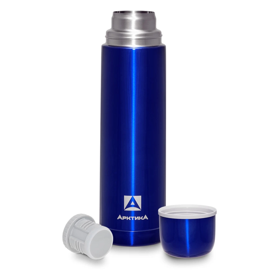 Термос для напитков с узким горлом и глухой пробкой Арктика 1 л, сталь нержавеющая, синий