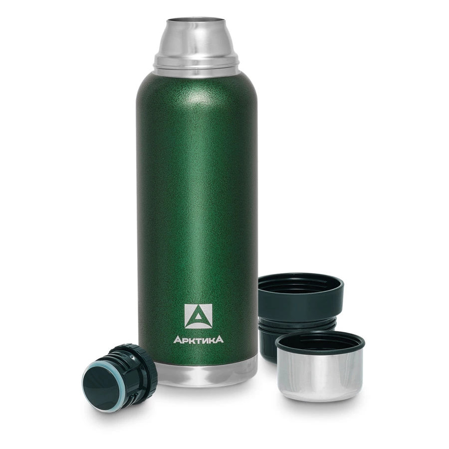 Термос для напитков с 2 накручивающимися чашками Арктика 1,2 л, сталь нержавеющая, зеленый
