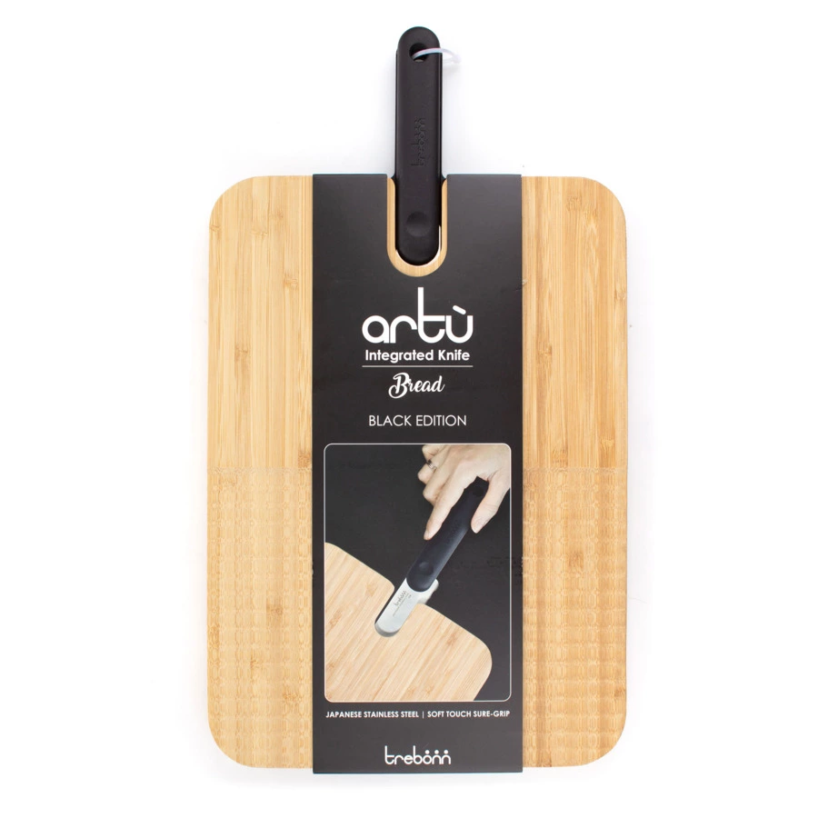 Доска разделочная из бамбука с ножом для хлеба Trebonn 43х24х2,4 см, нож 20 см, черная ручка