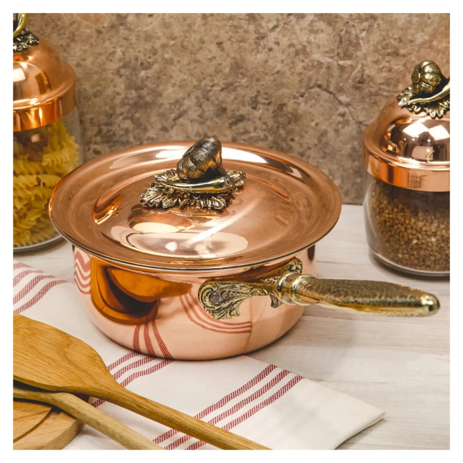 Сотейник с резной ручкой с лужением Кольчугинский мельхиор Чеснок d7,5 см, медь-Sale2