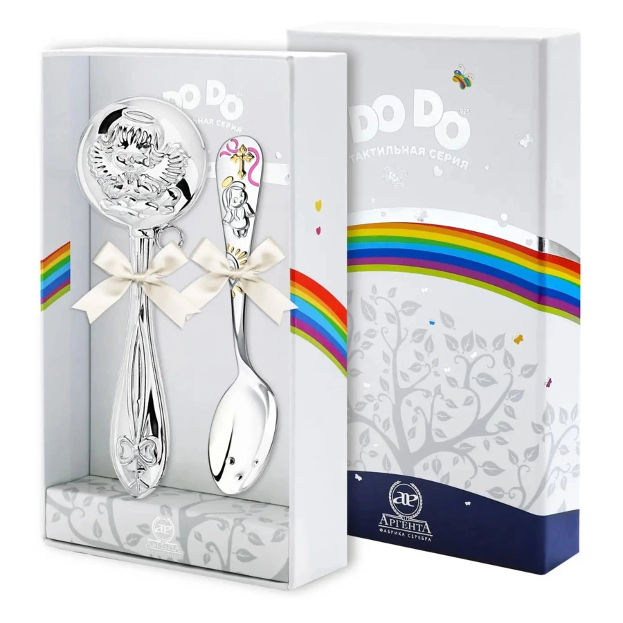 Набор для малышей в футляре АргентА Do Do Ангел с розовой эмалью, ложка и погремушка 56,3 г, серебро