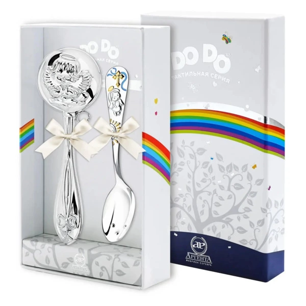 Набор для малышей в футляре АргентА Do Do Ангел с голубой эмалью, ложка и погремушка 57,6 г, серебр