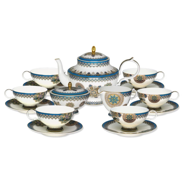 Сервиз чайный Empire Туркуаз на 6 персон 15 предметов, фарфор твердый, золотая деколь, бирюзовый,п/к
