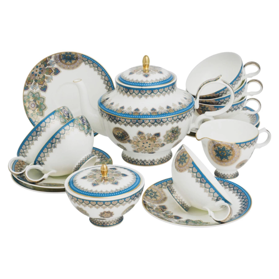 Сервиз чайный Empire Туркуаз на 6 персон 15 предметов, фарфор твердый, золотая деколь, бирюзовый,п/к