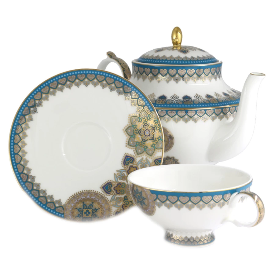 Сервиз чайный Empire Туркуаз на 6 персон 15 предметов, фарфор твердый, золотая деколь, бирюзовый,п/к
